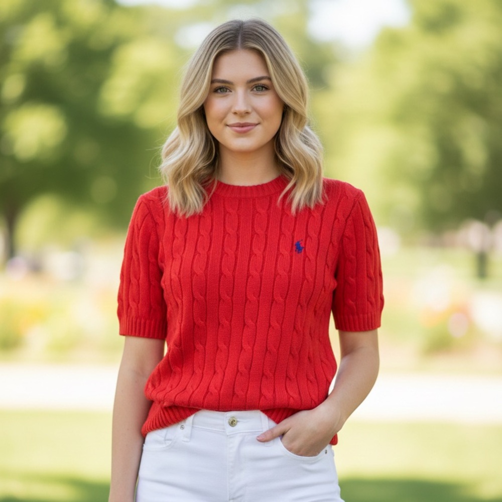 ♥️🥰♥️ Polo Ralph Lauren Cable-Knit Red Cotton Short-Sleeve Sweater size M